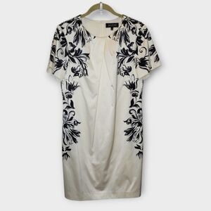 St John Short Sleeve Silk Sheath Dress 8 White Black Floral